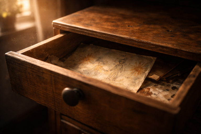 Cassetto socchiuso con frammento di disegno infantile che affiora nell’ombra, simbolo del ritorno del rimosso e dei contenuti inconsci che riemergono parzialmente