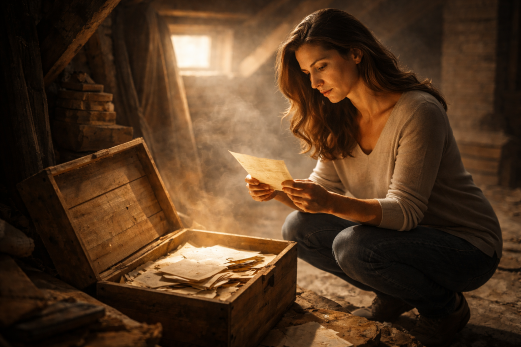 Donna adulta in soffitta mentre legge una lettera conservata in una scatola, immagine simbolica del ritorno del rimosso e del processo di elaborazione psichica