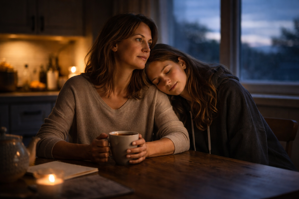 Vuoto emotivo che si trasforma in spazio emotivo condiviso tra madre e figlia, sedute insieme in cucina di notte, in un momento di presenza e connessione dopo un periodo di assenza interiore