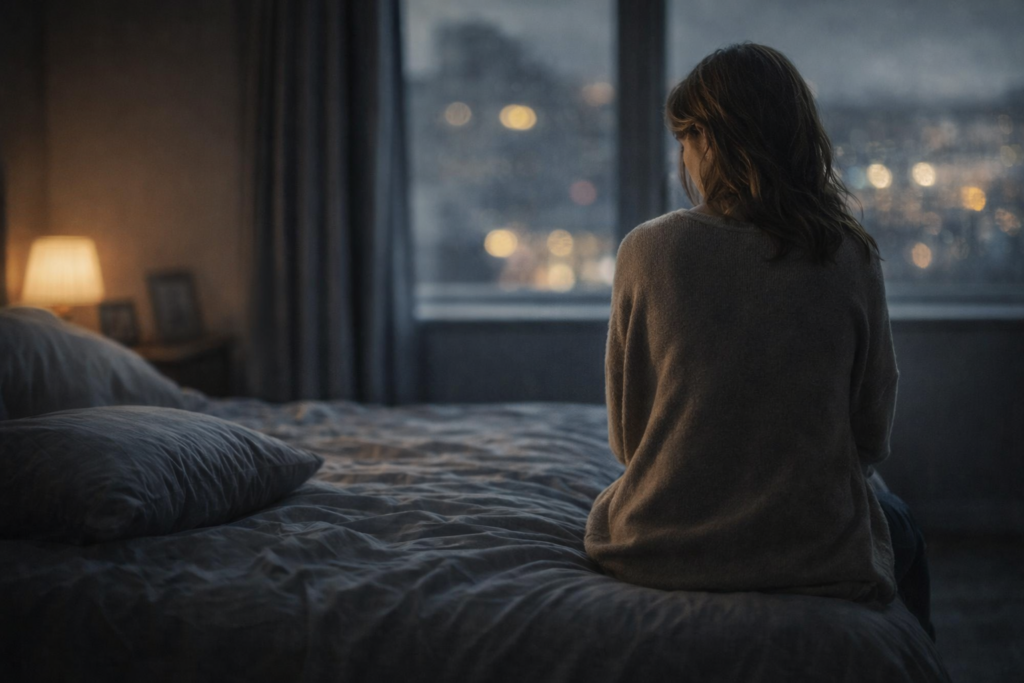 Donna seduta sola sul letto dopo una separazione, immersa nel silenzio della stanza, con il vuoto emotivo che emerge quando la relazione finisce