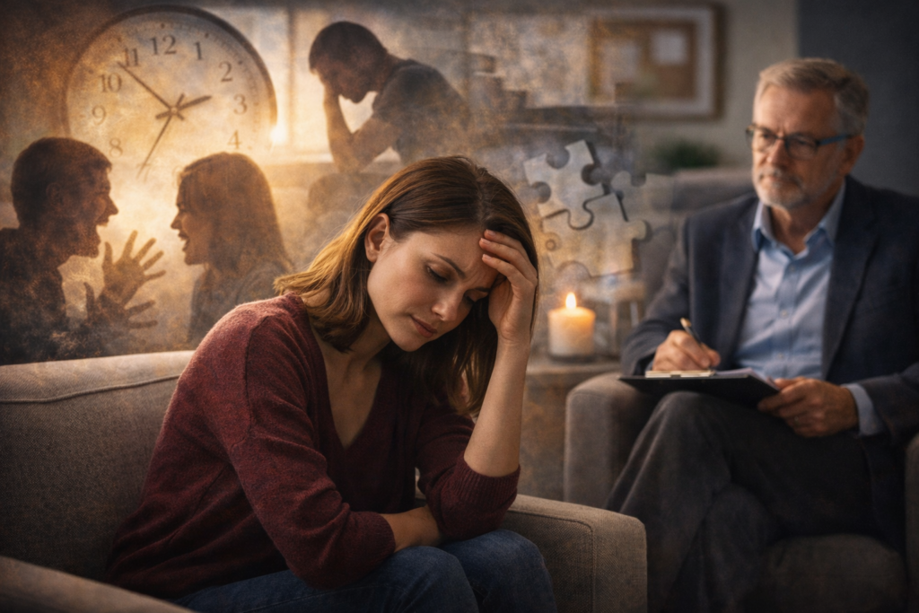 Psicologia clinica: persona in difficoltà durante un colloquio con uno psicologo clinico, momento di decisione e richiesta di aiuto