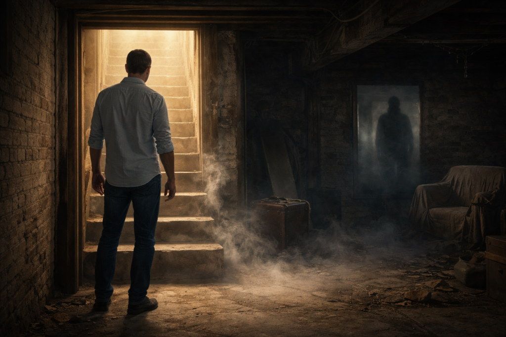 Uomo adulto fermo sulla soglia di una cantina in penombra, illuminata da luce soffusa dall’alto, metafora visiva del ritorno del rimosso e del conflitto psichico inconscio