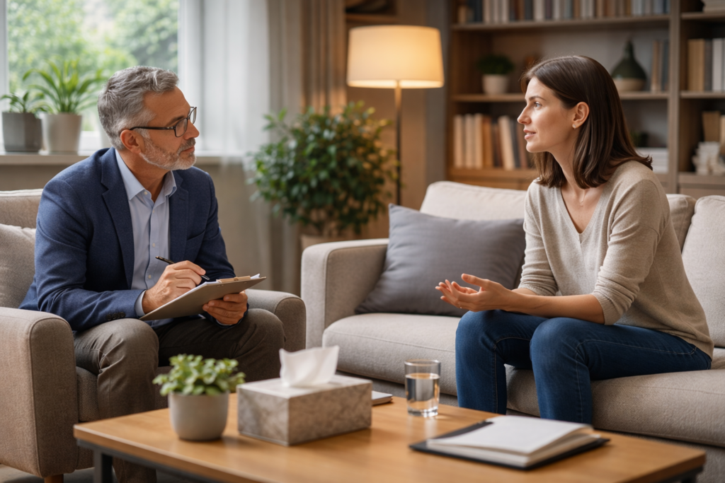 Psicologia clinica: colloquio clinico tra psicologo e paziente in uno studio terapeutico, fase di ascolto e valutazione del disagio psicologico