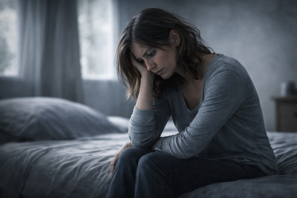 Donna seduta sul letto con espressione di tristezza e affaticamento emotivo, immagine rappresentativa della depressione e dei disturbi depressivi