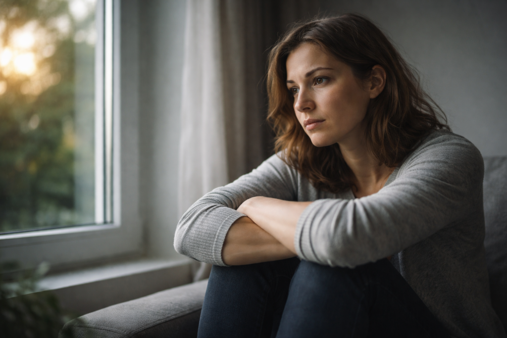 Donna seduta vicino a una finestra, in postura raccolta e silenziosa, con espressione pensierosa che rappresenta l’esperienza interiore dell’ansia come tensione emotiva persistente nella vita quotidiana.