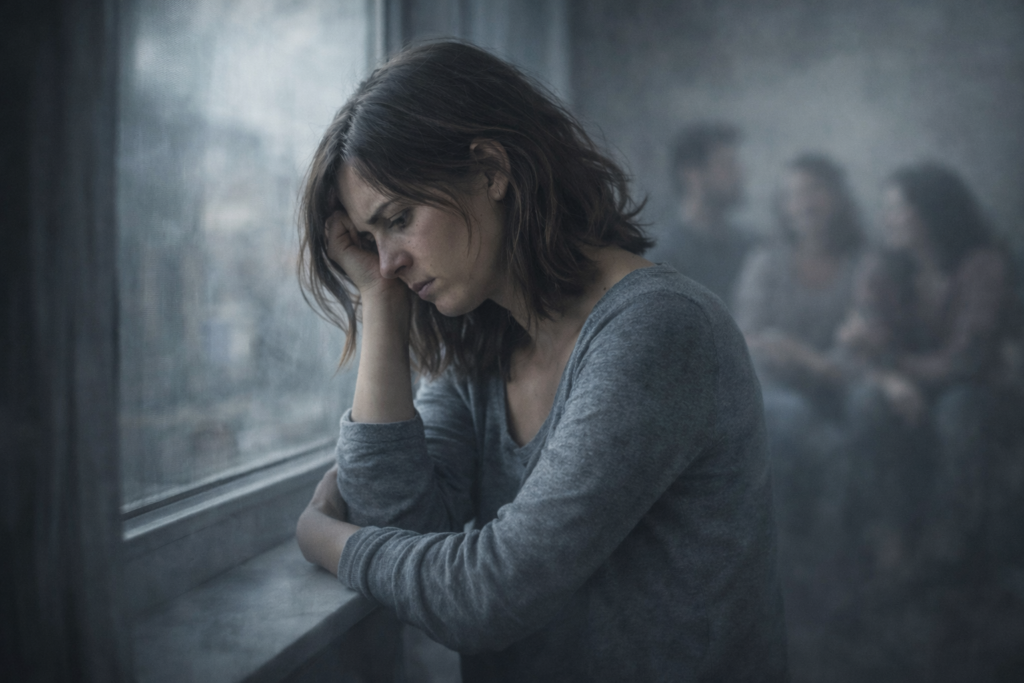 Donna pensierosa vicino a una finestra che rappresenta la differenza tra tristezza e depressione e i disturbi depressivi, tra emozione temporanea e malessere persistente