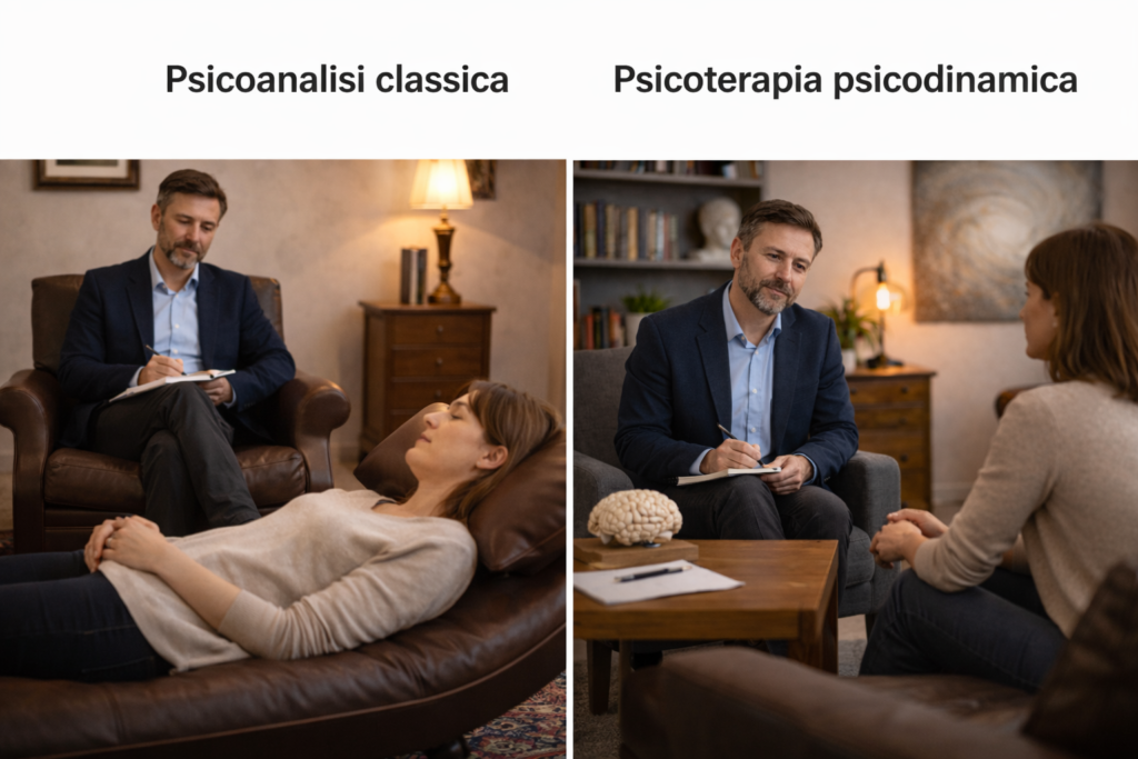 Psicoterapia psicodinamica e psicoanalisi a confronto: paziente sul lettino nella psicoanalisi classica e seduta vis-à-vis nella psicoterapia psicodinamica