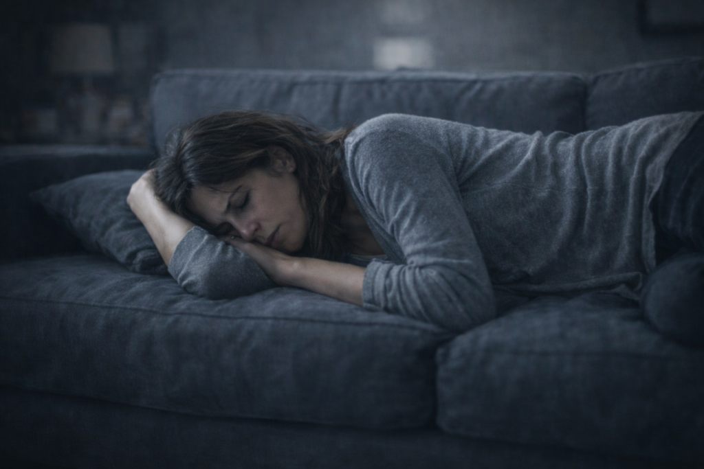 Donna sdraiata sul divano con postura chiusa e segni di affaticamento emotivo, immagine rappresentativa della sintomatologia della depressione e dei disturbi depressivi
