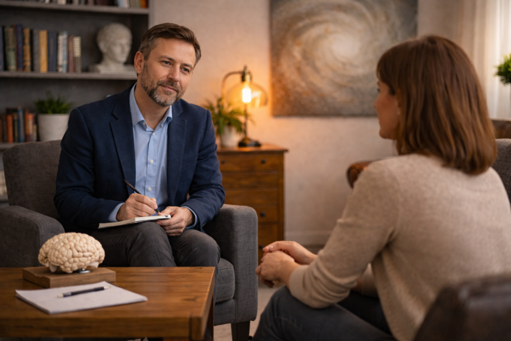 Psicoterapia psicodinamica: seduta in studio tra psicoterapeuta e paziente.