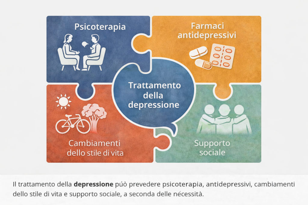 Strategie di trattamento della depressione e dei disturbi depressivi: psicoterapia, farmaci antidepressivi, cambiamenti dello stile di vita e supporto sociale.
