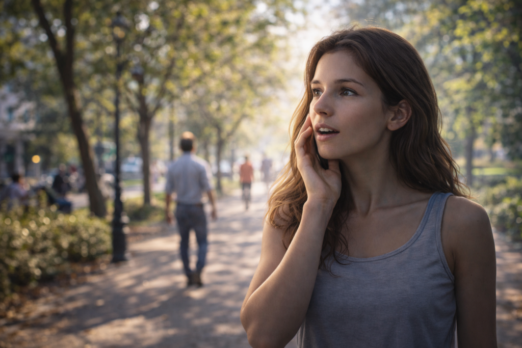 Donna che cammina in un parco e mostra un’espressione di improvvisa consapevolezza, rappresentazione visiva del momento di lucidità all’interno di un sogno lucido.