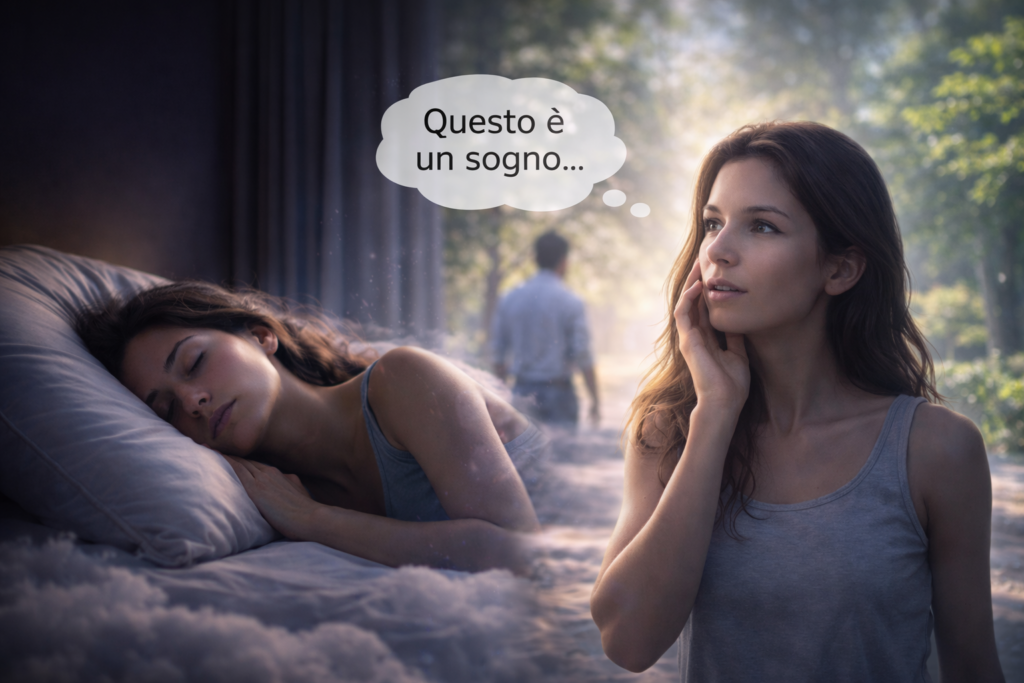 Donna che sogna e riconosce di stare sognando, rappresentazione visiva della consapevolezza nel sogno lucido