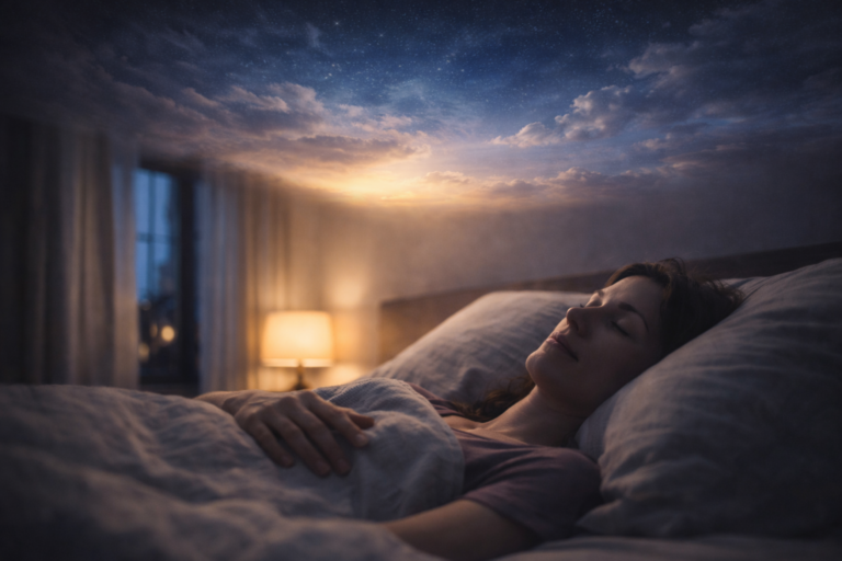 Donna che dorme serenamente mentre il soffitto della stanza si dissolve gradualmente in un cielo notturno luminoso, rappresentando la consapevolezza all’interno del sogno lucido.