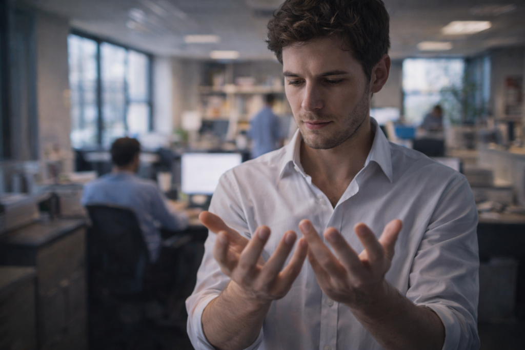 Uomo giovane che osserva le proprie mani all’interno di un ambiente lavorativo, rappresentazione di un sogno lucido caratterizzato dalla consapevolezza di stare sognando