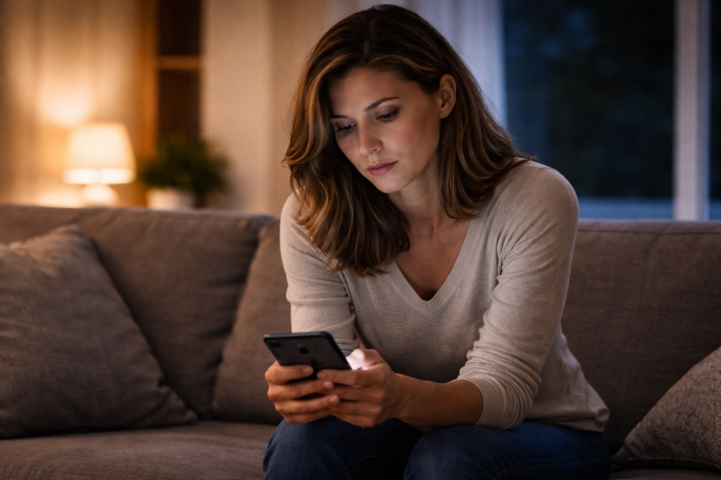 Silenzio punitivo: donna sola sul divano guarda il telefono in attesa di una risposta che non arriva, in un salotto moderno illuminato da luce serale