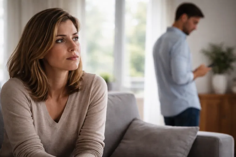 Silenzio punitivo: donna sul divano guarda verso il partner distante con il telefono, mostrando attesa tesa e costo emotivo nella stessa stanza