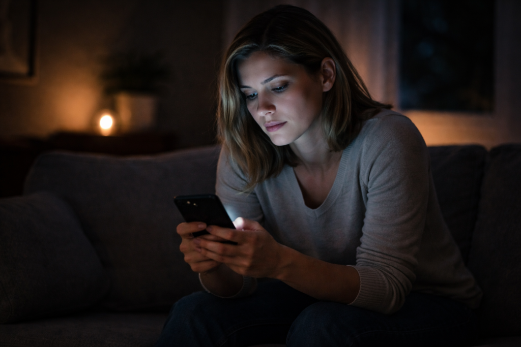Silenzio punitivo: donna sola sul divano guarda il telefono nella notte, in uno stato di attesa ansiosa e ipervigilanza