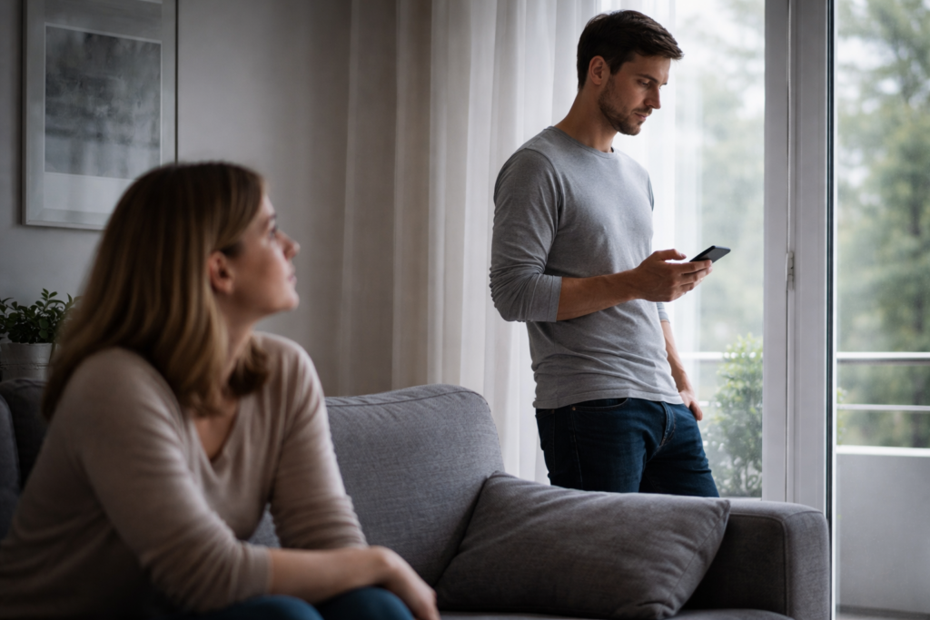 Silenzio punitivo: uomo in piedi guarda il telefono senza coinvolgere la partner seduta, mostrando distanza emotiva e controllo del contatto